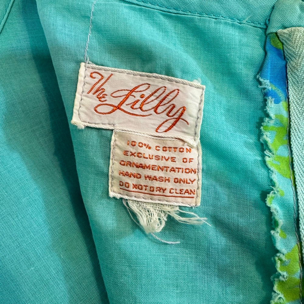 LILLY PULITZER Vtg Early 60’s Shift Dress Side Tie 100% Cotton Blue Green Floral - Picture 4 of 9